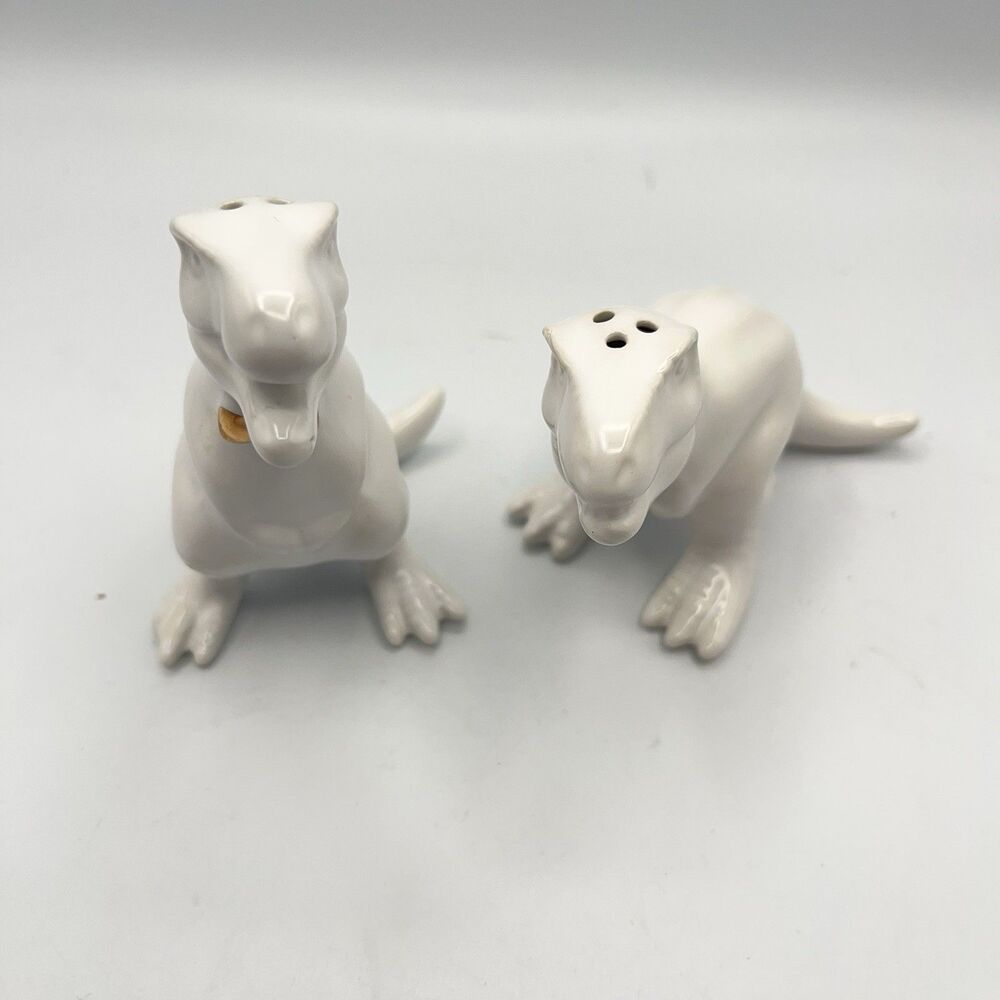 Target T-Rex White Ceramic Salt & Pepper Shakers Gold Bow Ties - Missing Plugs